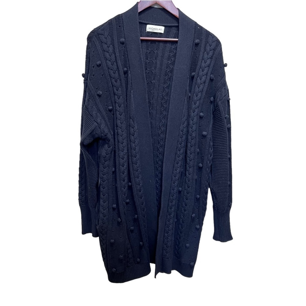 Nicholas Black Cotton Wool Cardigan Pom Pom Sweater Size Large Missing Belt - Picture 2 of 11